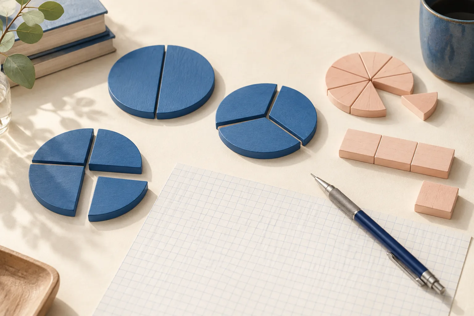 Illustrated fraction study scene with blue fractional circles, squared paper, and wooden pieces